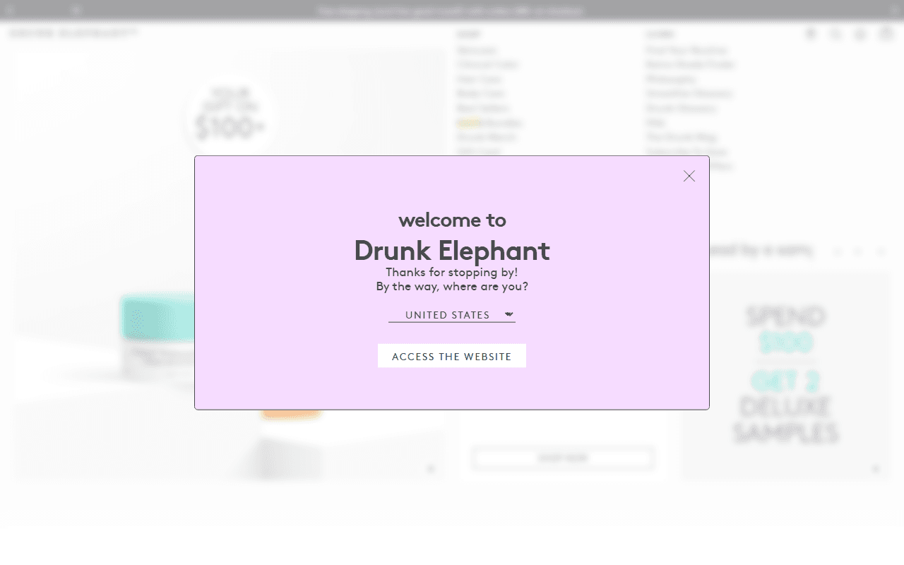 The Drunk Elephant homepage, showing its brightly coloured skincare range