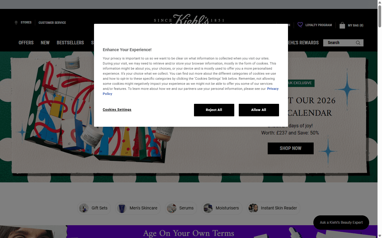 The Kiehl's homepage, showing its apothecary-styled skincare range