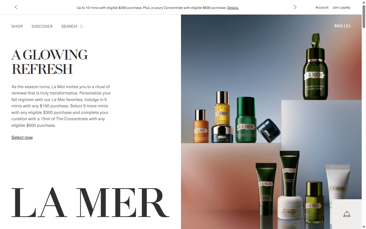 The La Mer homepage, showing its Crème de la Mer range