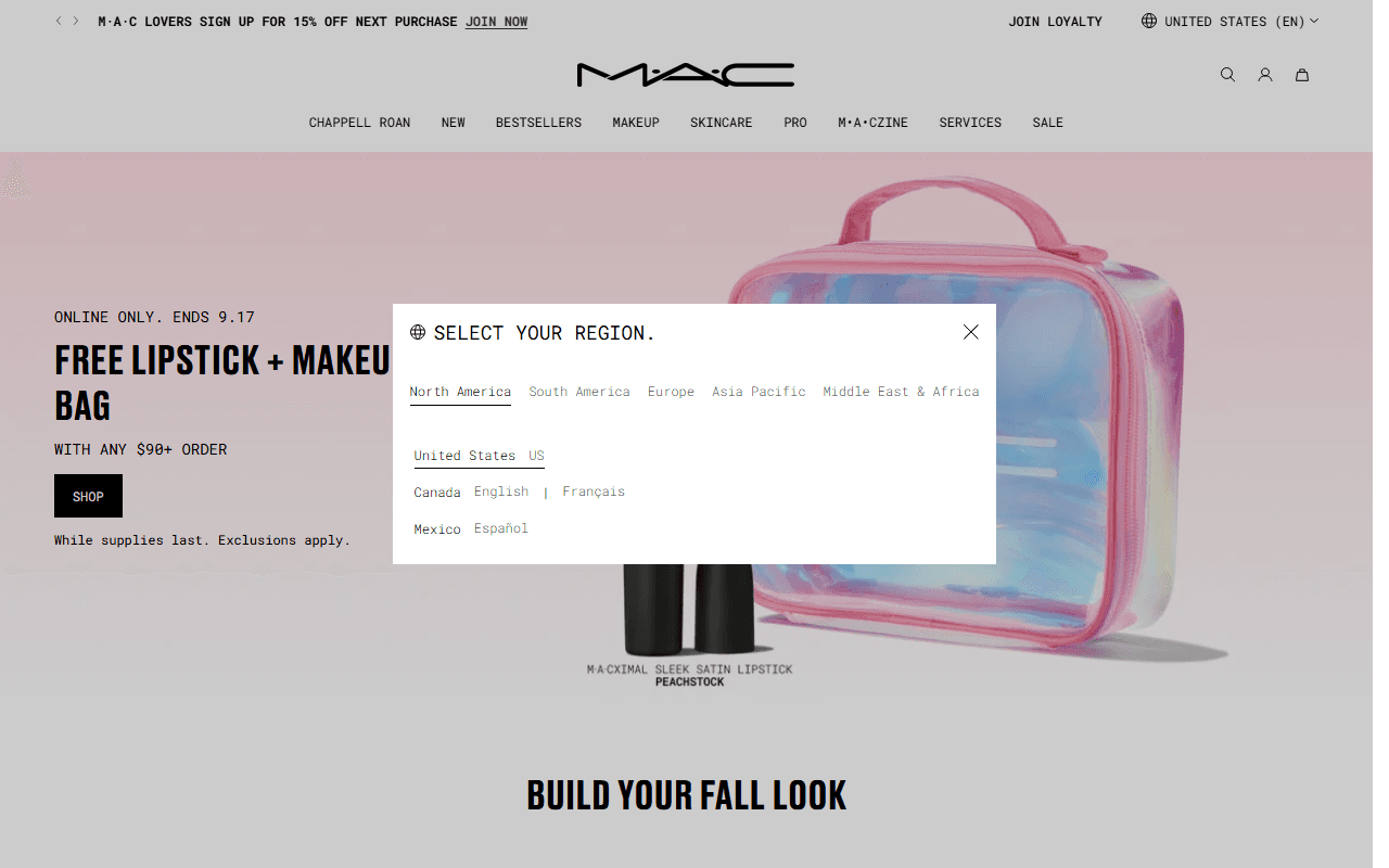 The MAC Cosmetics homepage, showing its colour cosmetics range