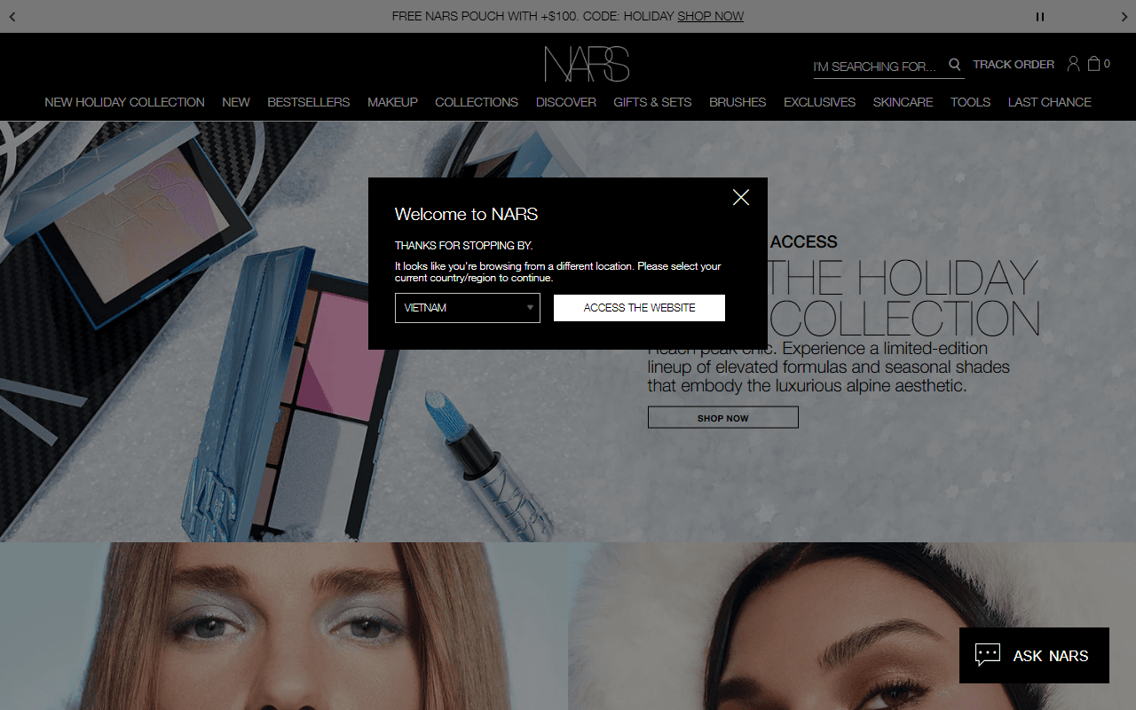 The NARS Cosmetics homepage, showing its colour cosmetics range