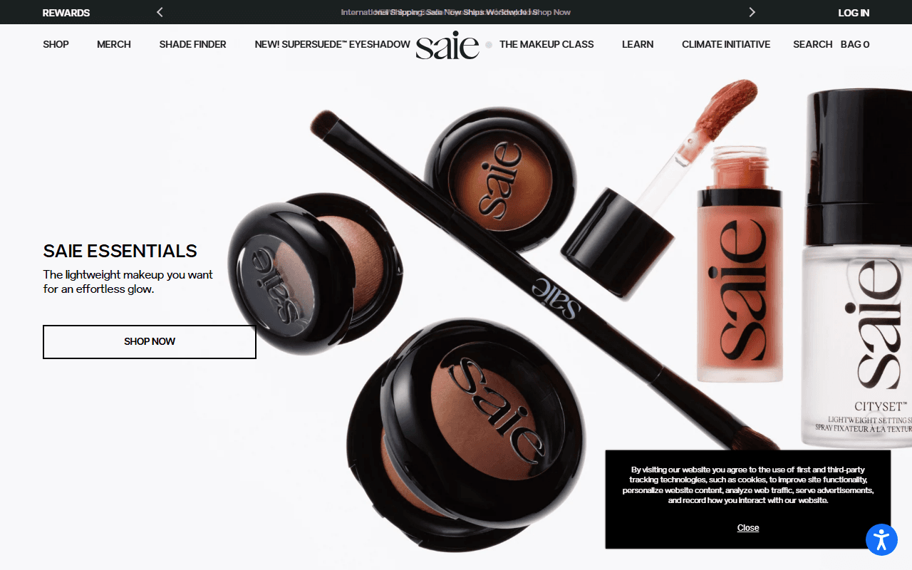 The Saie homepage, showing its dewy complexion makeup range