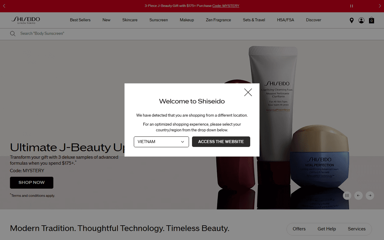 The Shiseido homepage, showing its skincare and sun care ranges