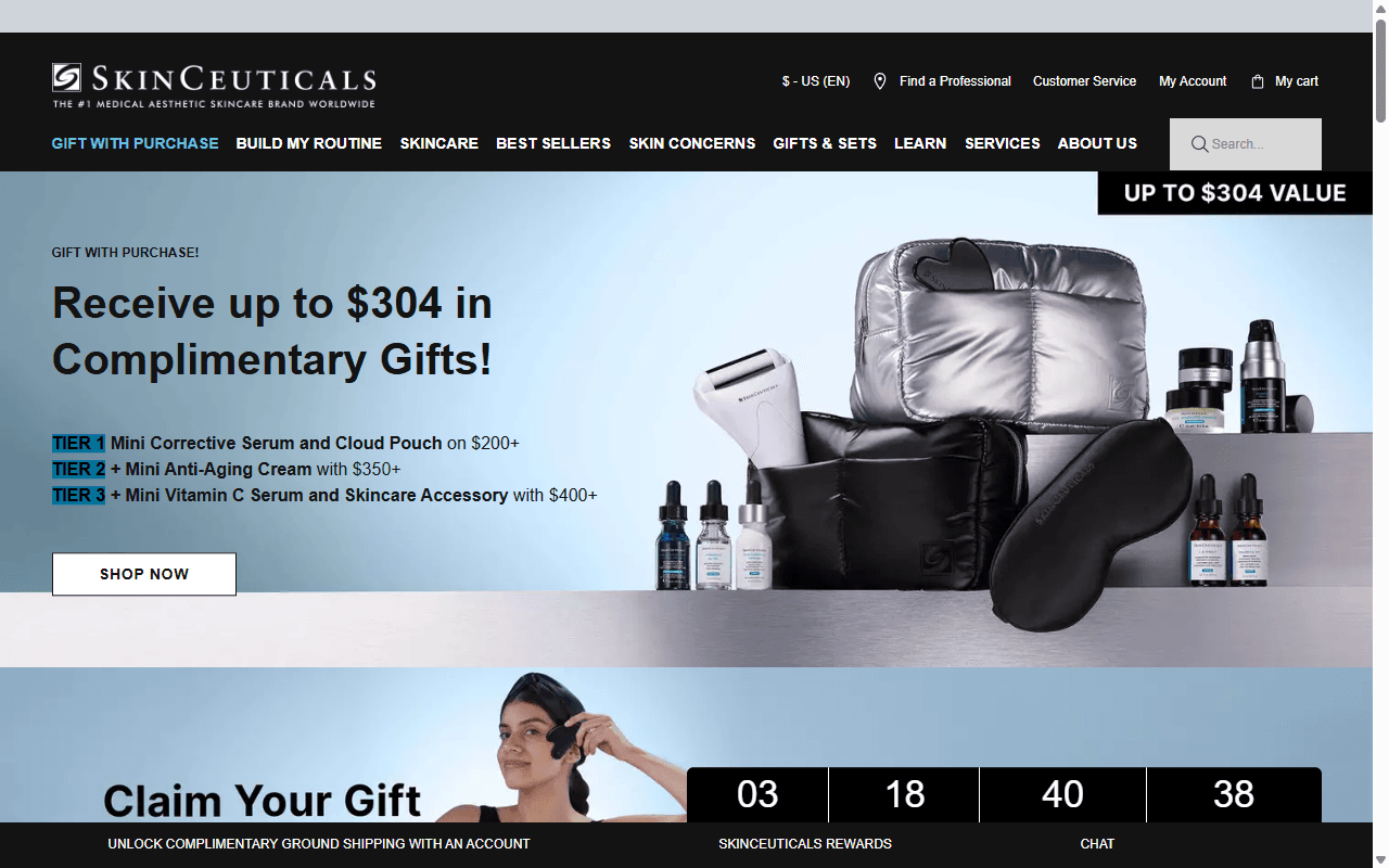 The SkinCeuticals homepage, showing its antioxidant serum range