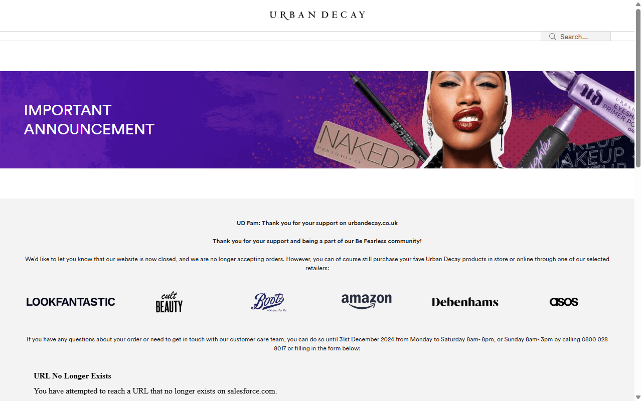 The Urban Decay homepage, showing its eyeshadow and setting spray range