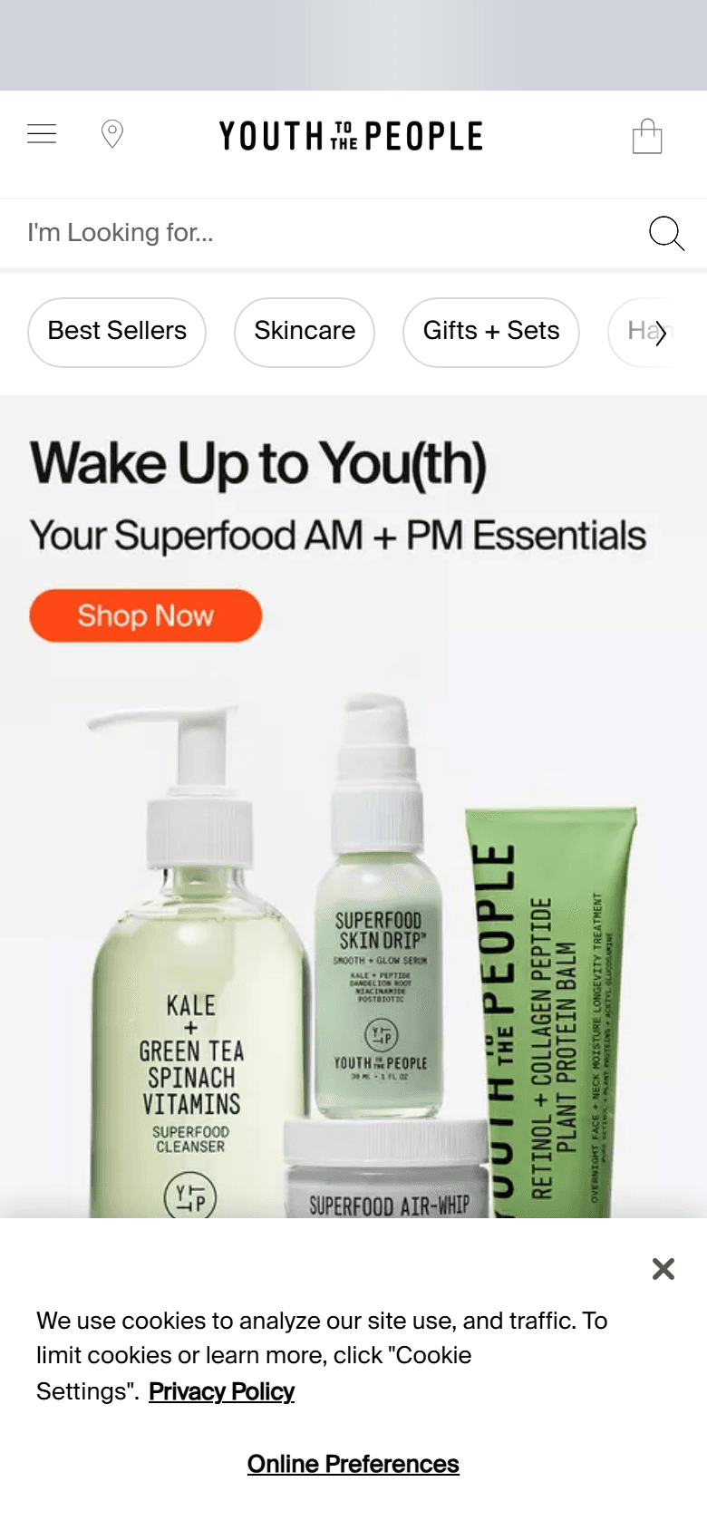The Youth To The People homepage, showing its superfood skincare range
