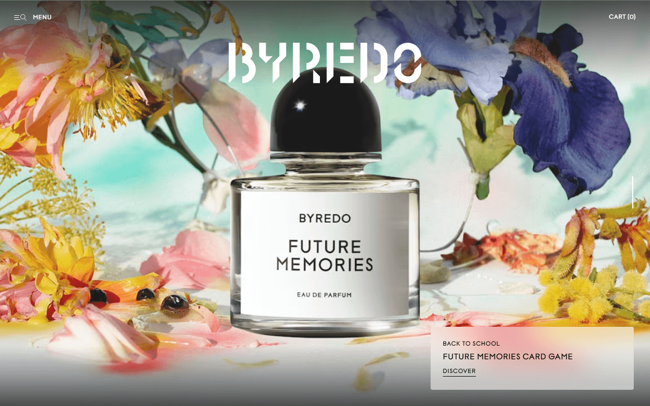 The Byredo homepage, showing its minimalist fragrance range