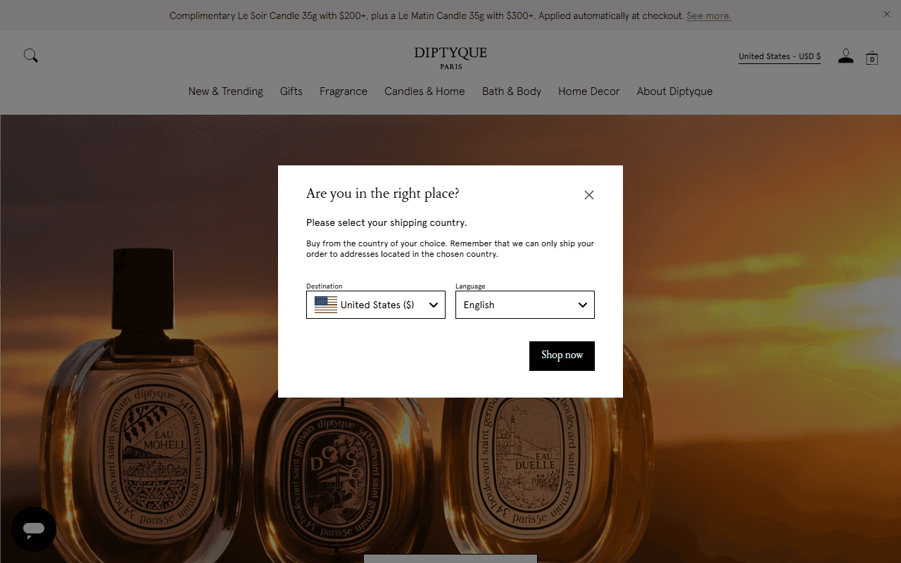 The Diptyque homepage, showing its fragrance and candle range