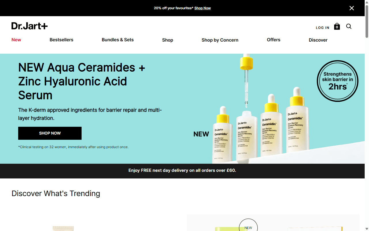 The Dr.Jart+ homepage, showing its Cicapair and Ceramidin ranges