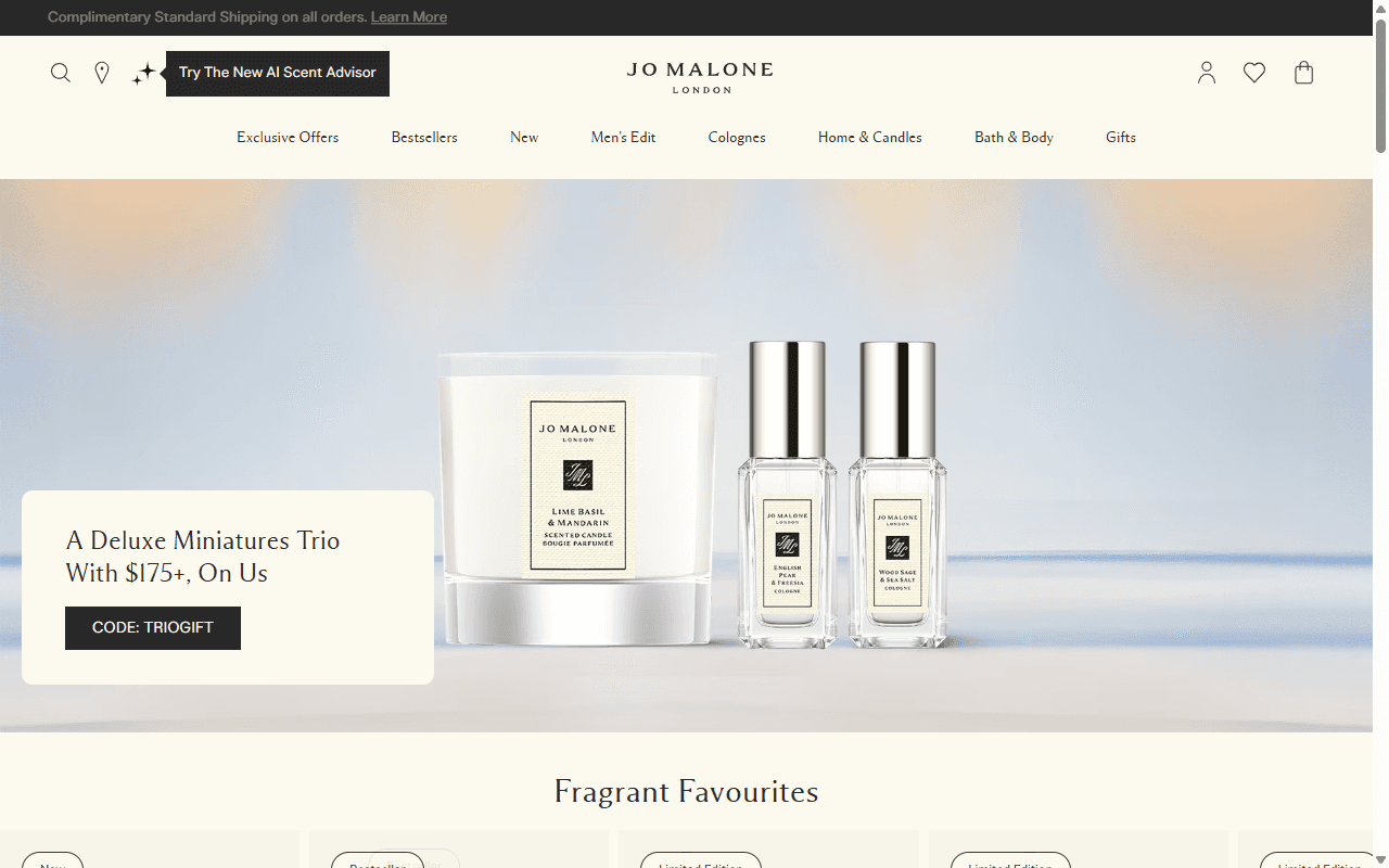 The Jo Malone London homepage, showing its cologne range