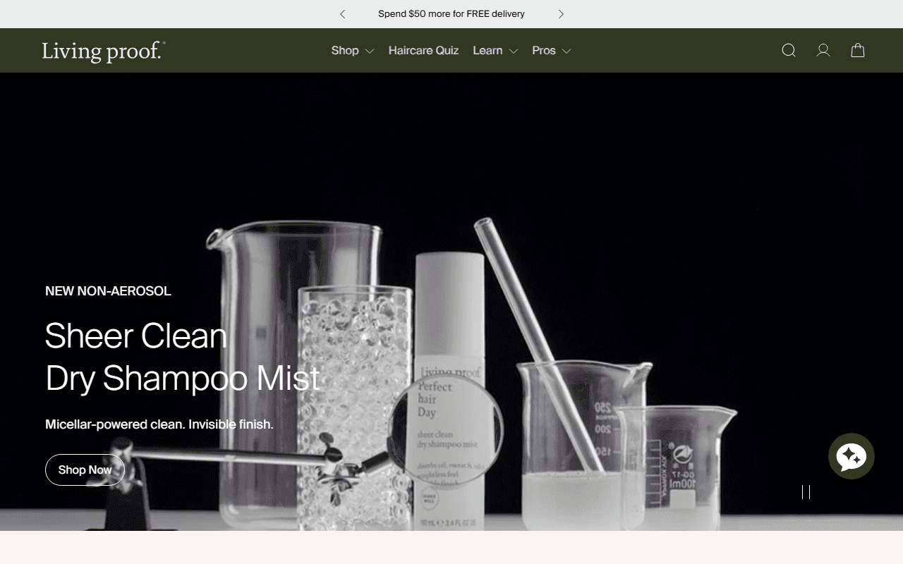 The Living Proof homepage, showing its science-led haircare range