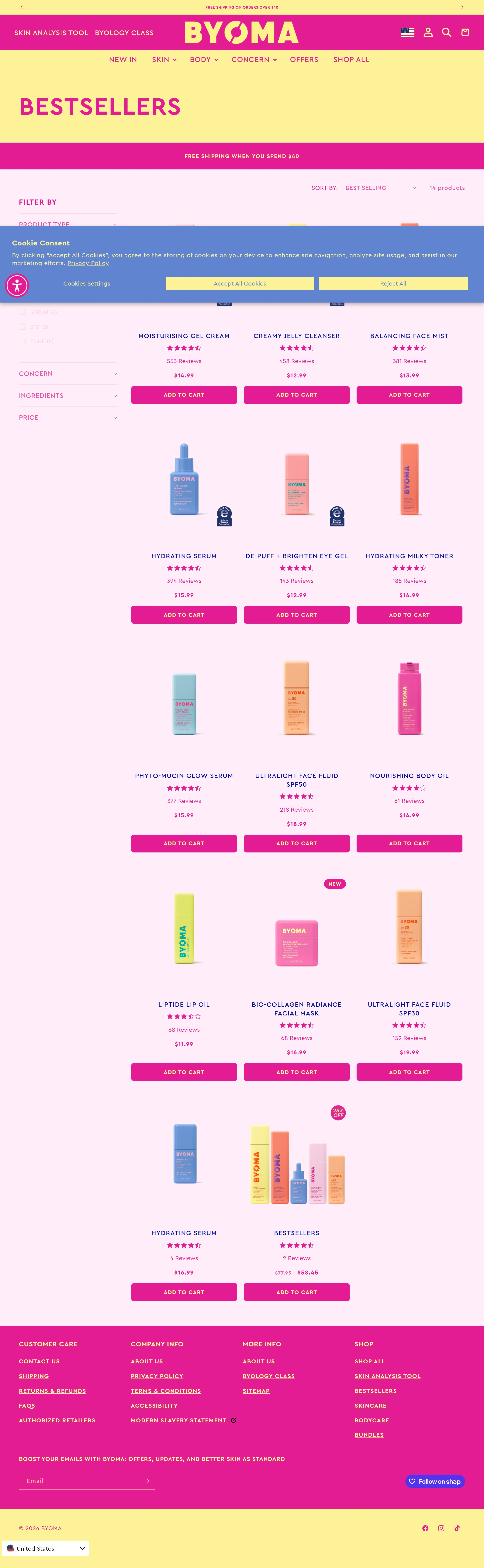 BYOMA's bestsellers page listing fourteen products with prices from $11.99 to $19.99 alongside their star ratings and review counts