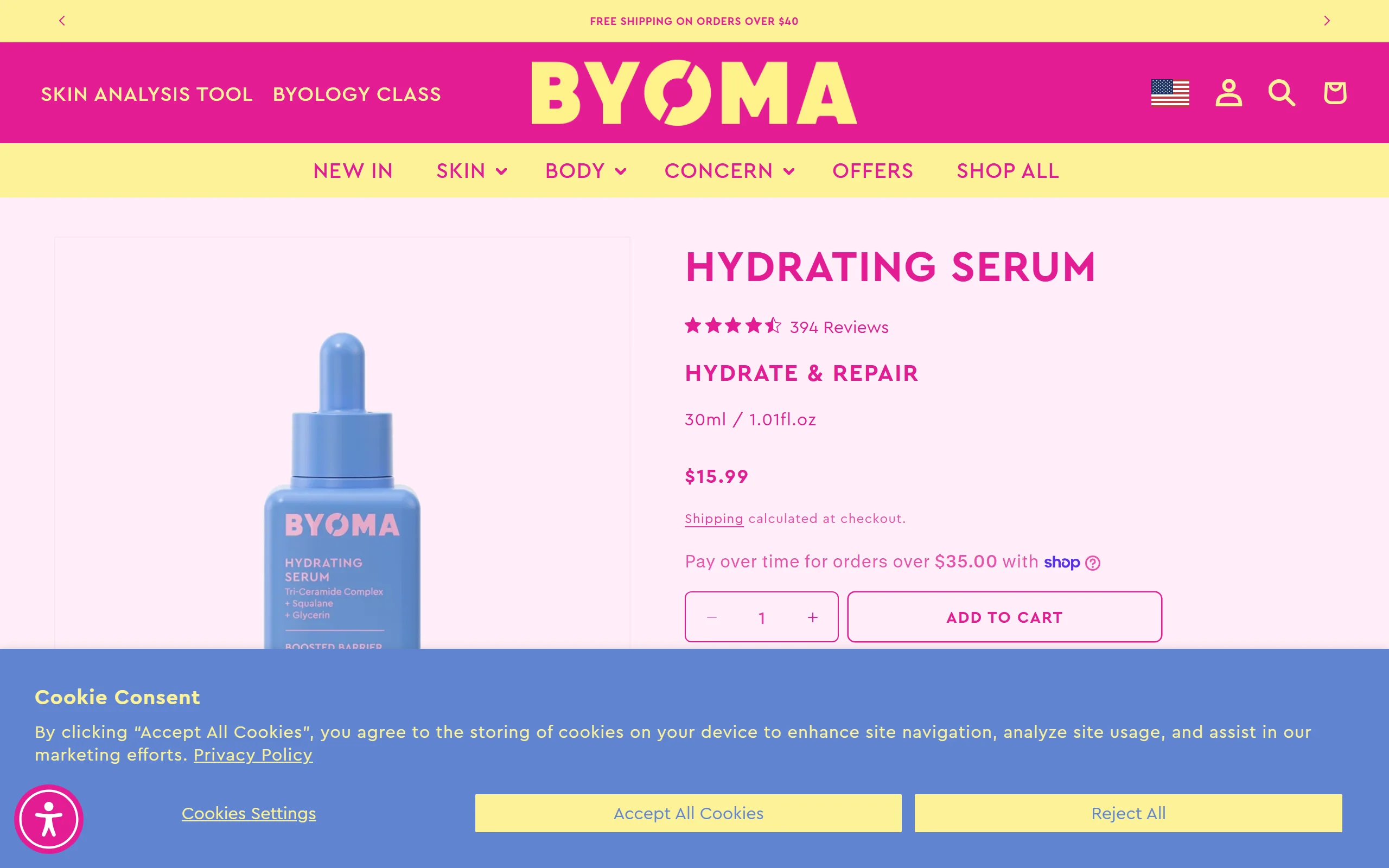 The BYOMA Hydrating Serum product page, showing 30ml for $15.99 with Tri-Ceramide Complex, squalane and glycerin named on the bottle
