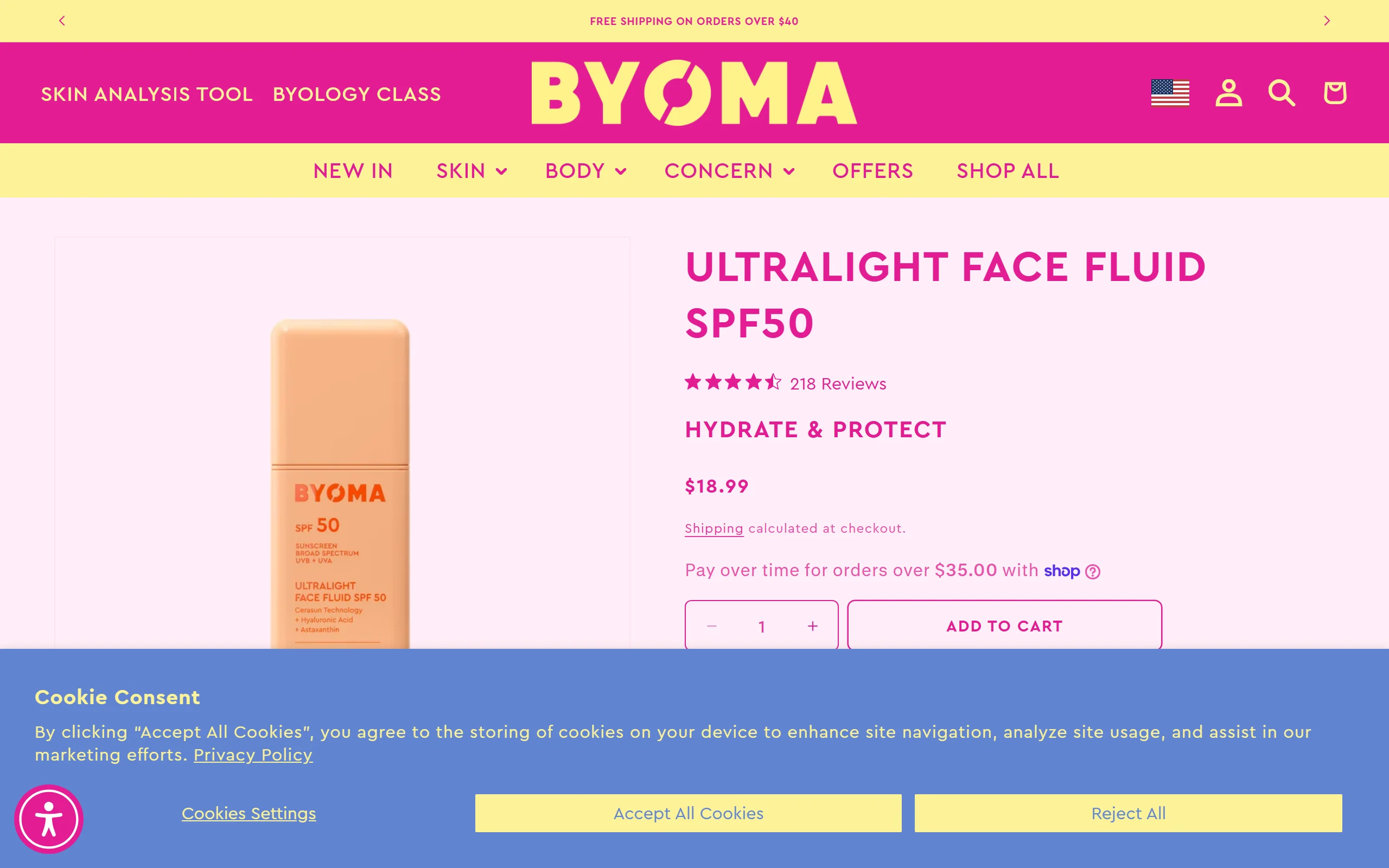 The BYOMA Ultralight Face Fluid SPF50 page at $18.99, listing Cerasun Technology, hyaluronic acid and astaxanthin on the bottle