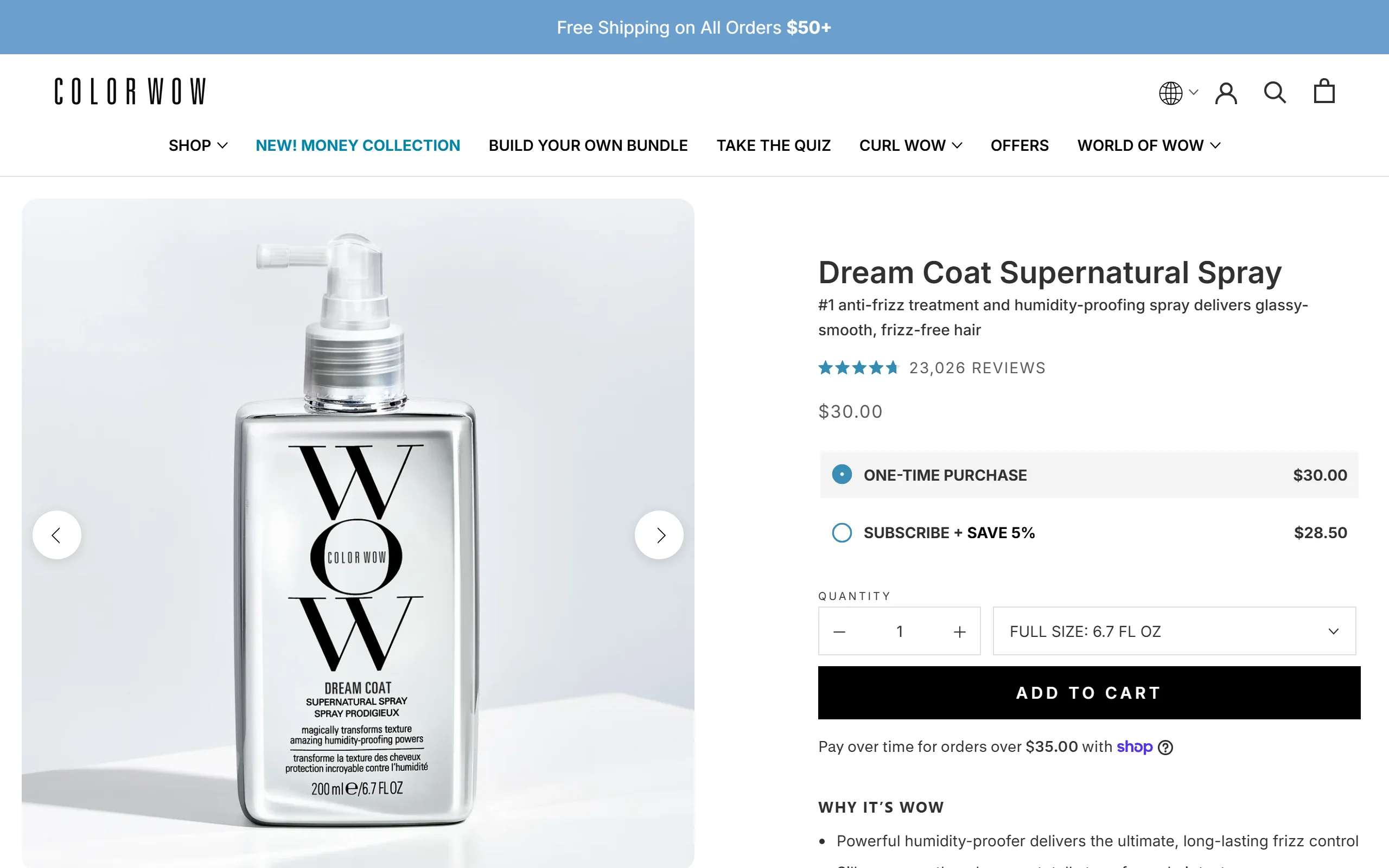 The Dream Coat Supernatural Spray product page, showing 200 ml for $30 with 23,026 reviews