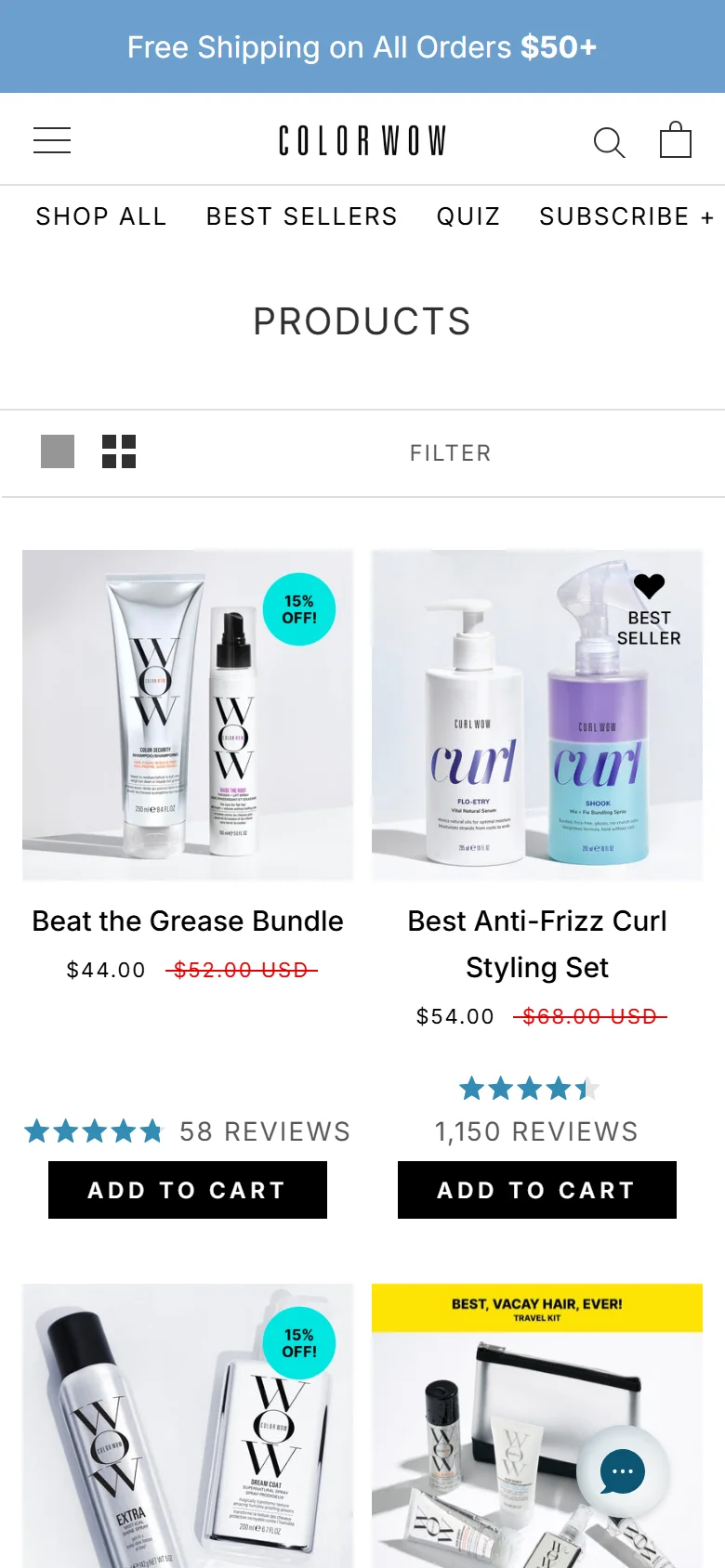 The Color Wow product listing on a phone, showing bundles discounted from $52 to $44 and from $68 to $54