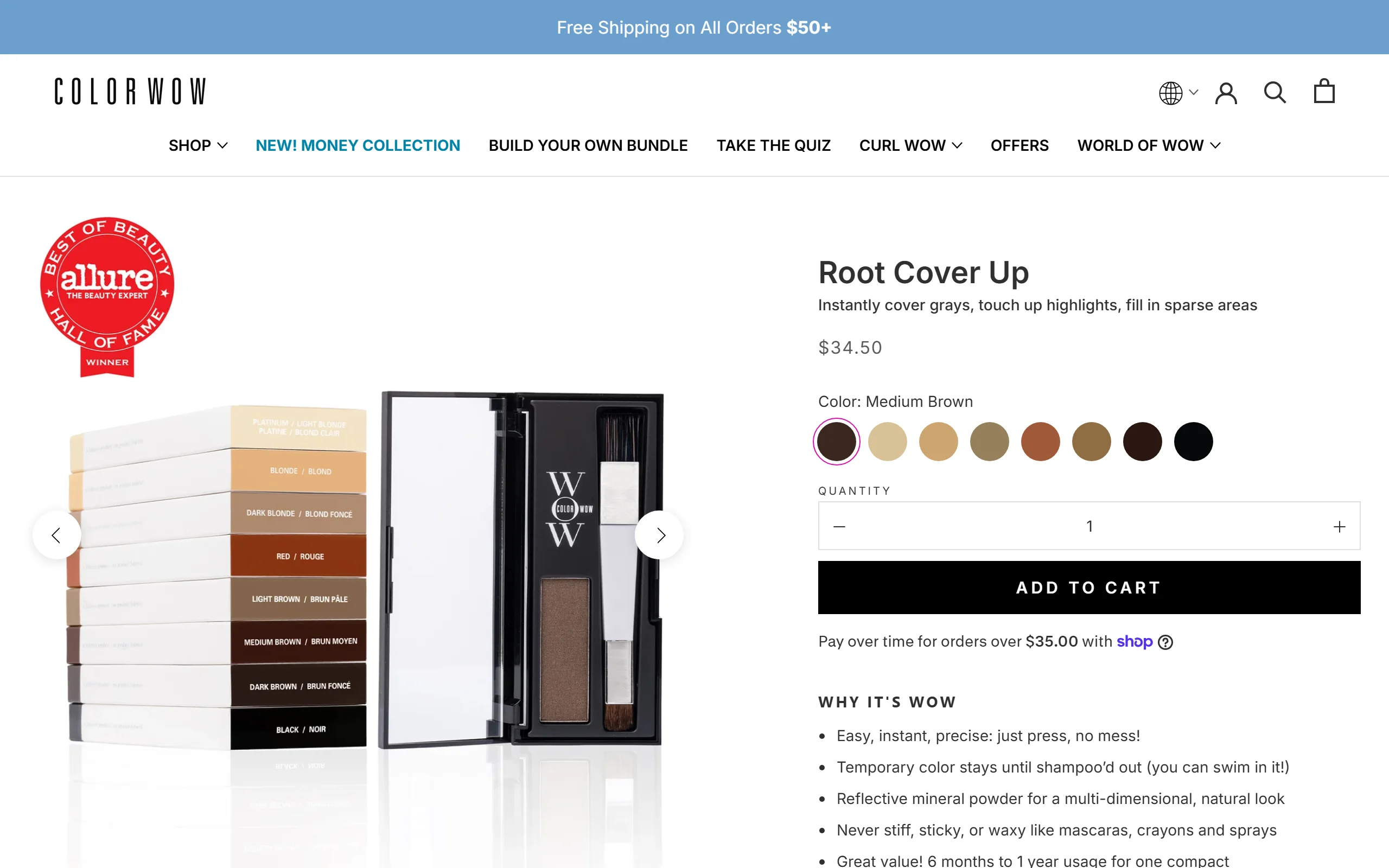 The Color Wow Root Cover Up page, showing the eight-shade powder compact at $34.50 with an Allure Hall of Fame seal