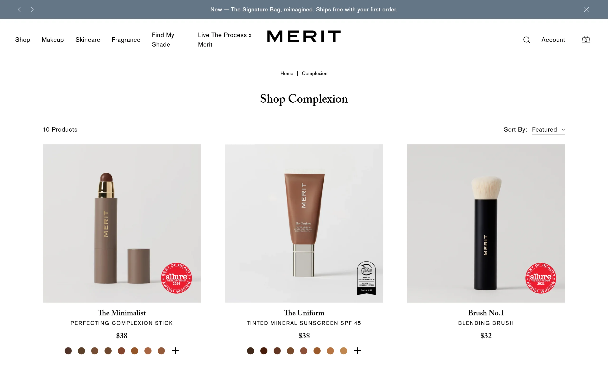 Merit's Shop Complexion page, showing The Minimalist and The Uniform at $38 and Brush No.1 at $32