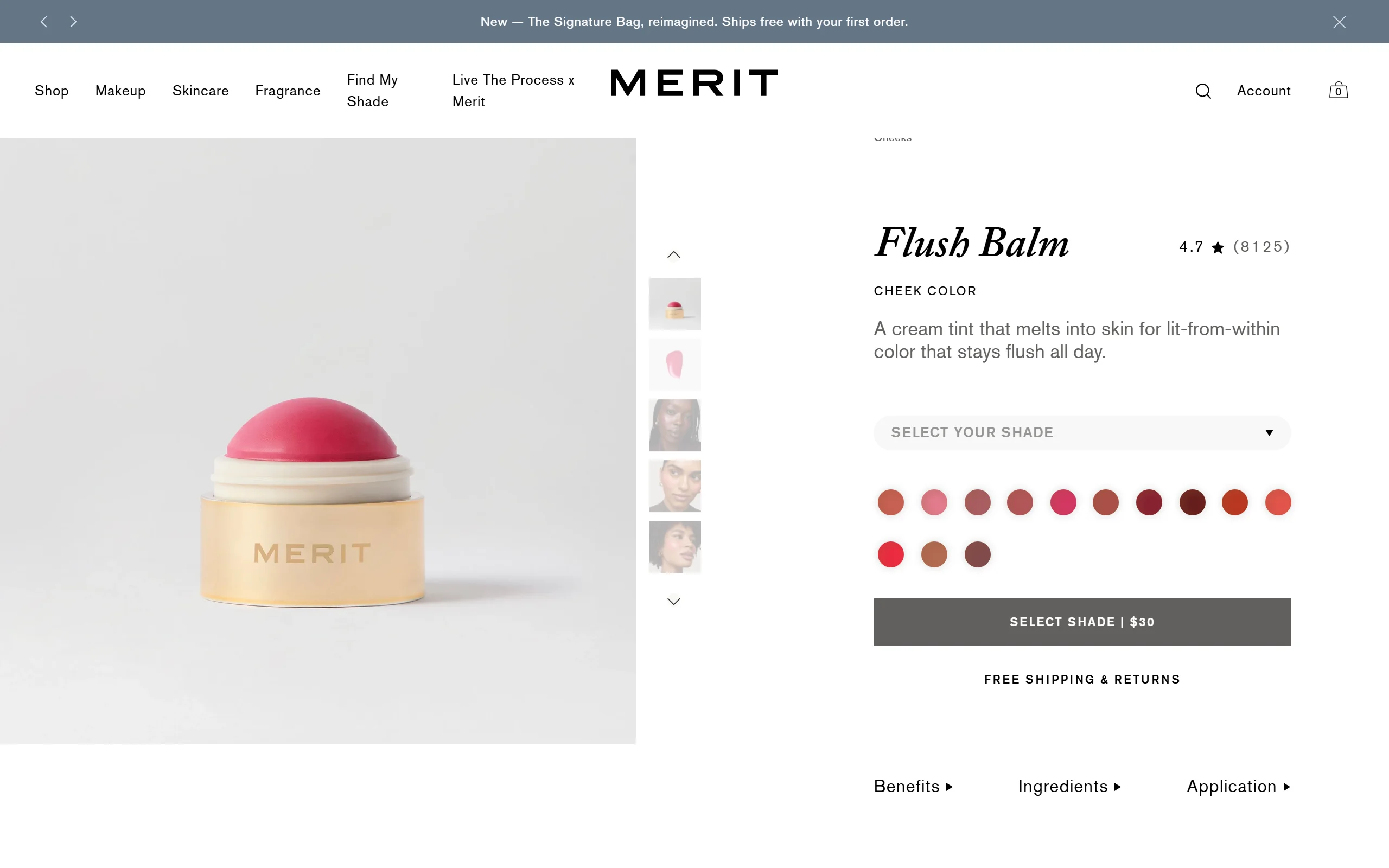 The Merit Flush Balm page, showing the $30 cream blush rated 4.7 from 8,125 reviews across 13 shades