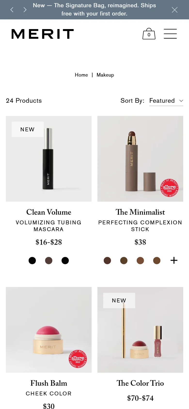 Merit's makeup listing on a phone, showing 24 products including Clean Volume at $16-$28 and The Color Trio at $70-$74