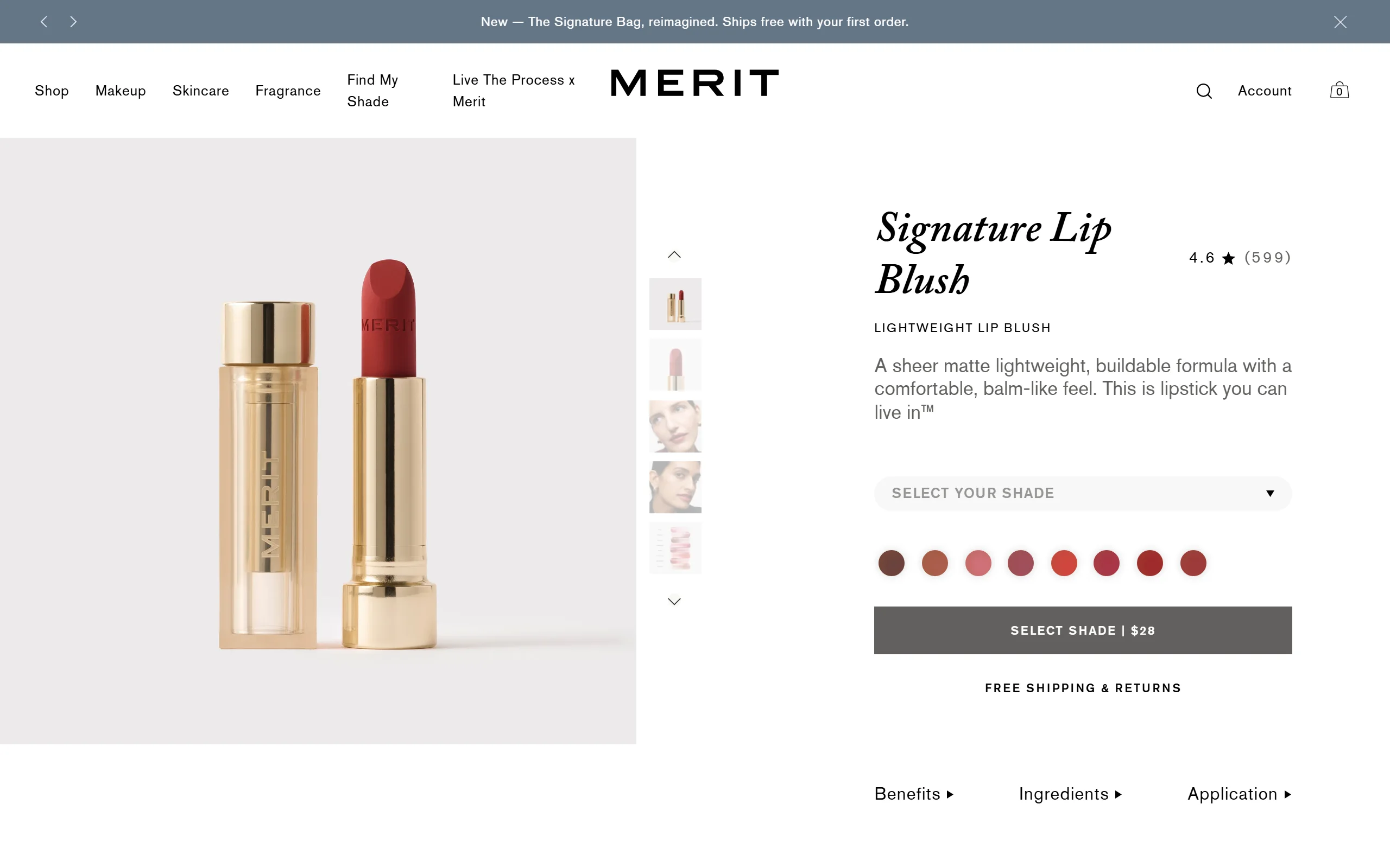 The Merit Signature Lip Blush page, showing the $28 lipstick rated 4.6 from 599 reviews in eight shades