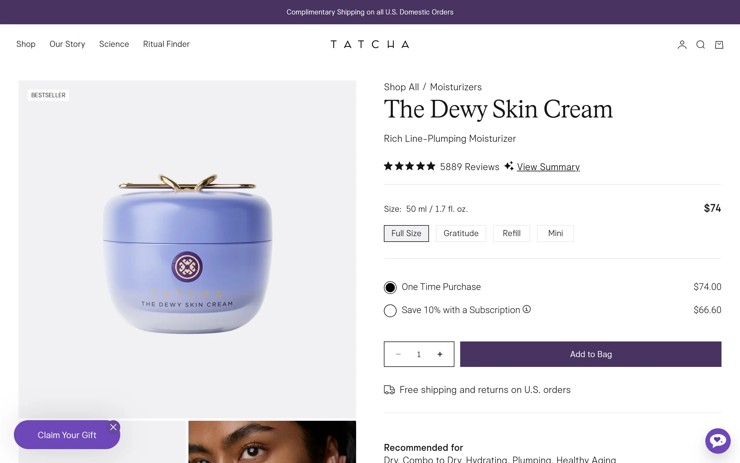 The Tatcha Dewy Skin Cream product page, priced at $74 for 50 ml with 5,889 reviews