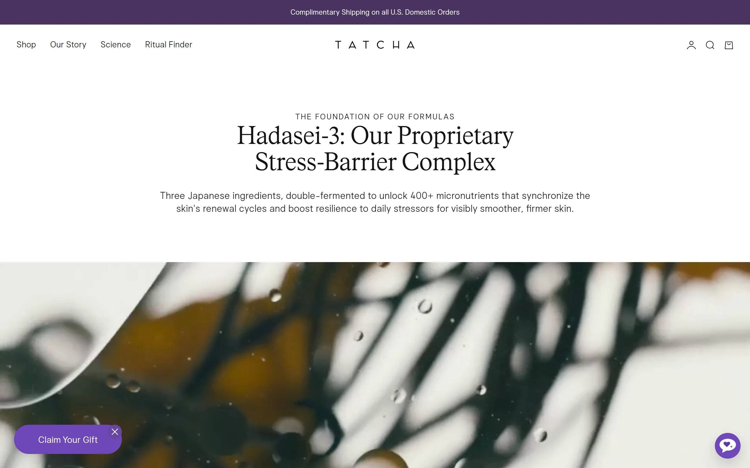 Tatcha's Hadasei-3 explainer page, describing three double-fermented Japanese ingredients and 400+ micronutrients