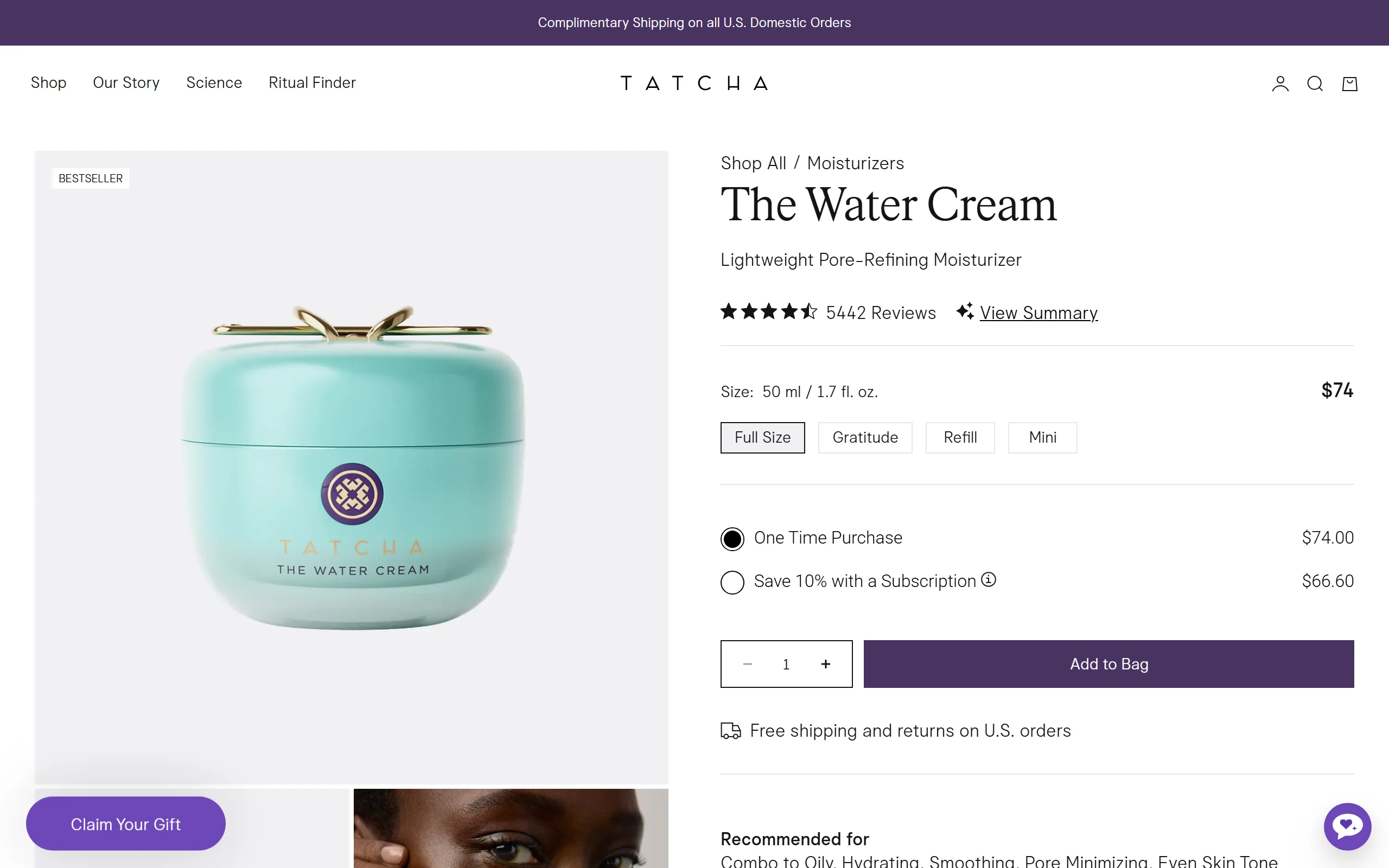The Tatcha Water Cream product page, showing 50 ml for $74 with 5,442 reviews and Full Size, Gratitude, Refill and Mini options