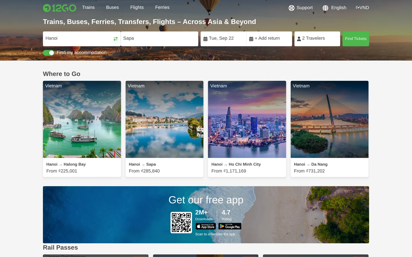 The 12Go landing page with the route search for buses, trains and ferries