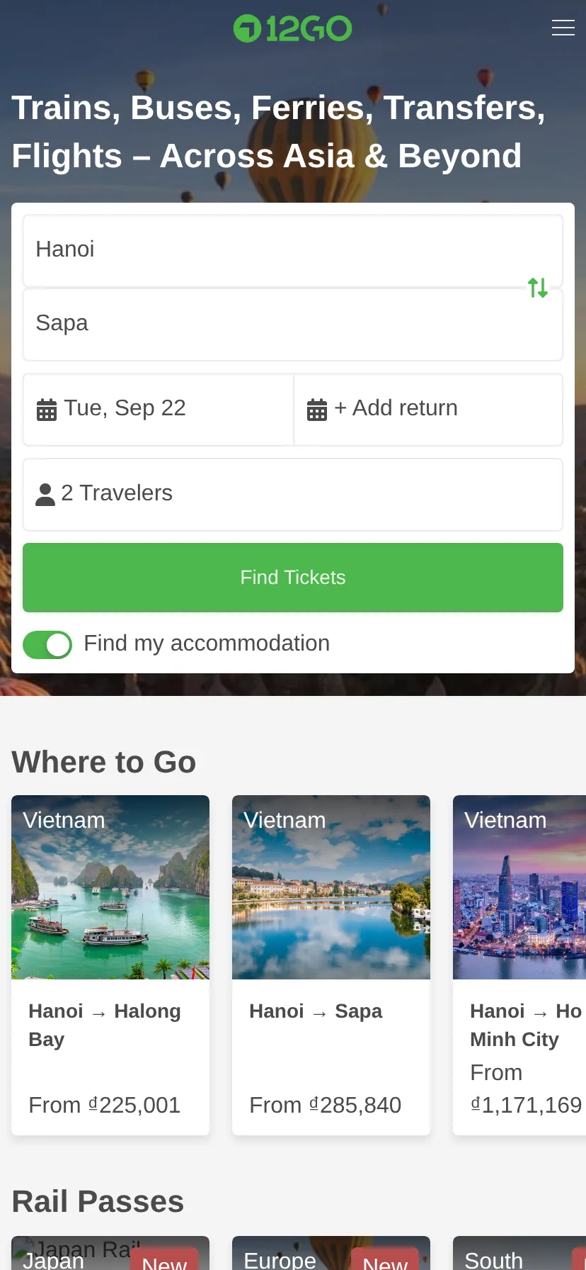 12Go's landing page rendered on a 414px-wide mobile viewport
