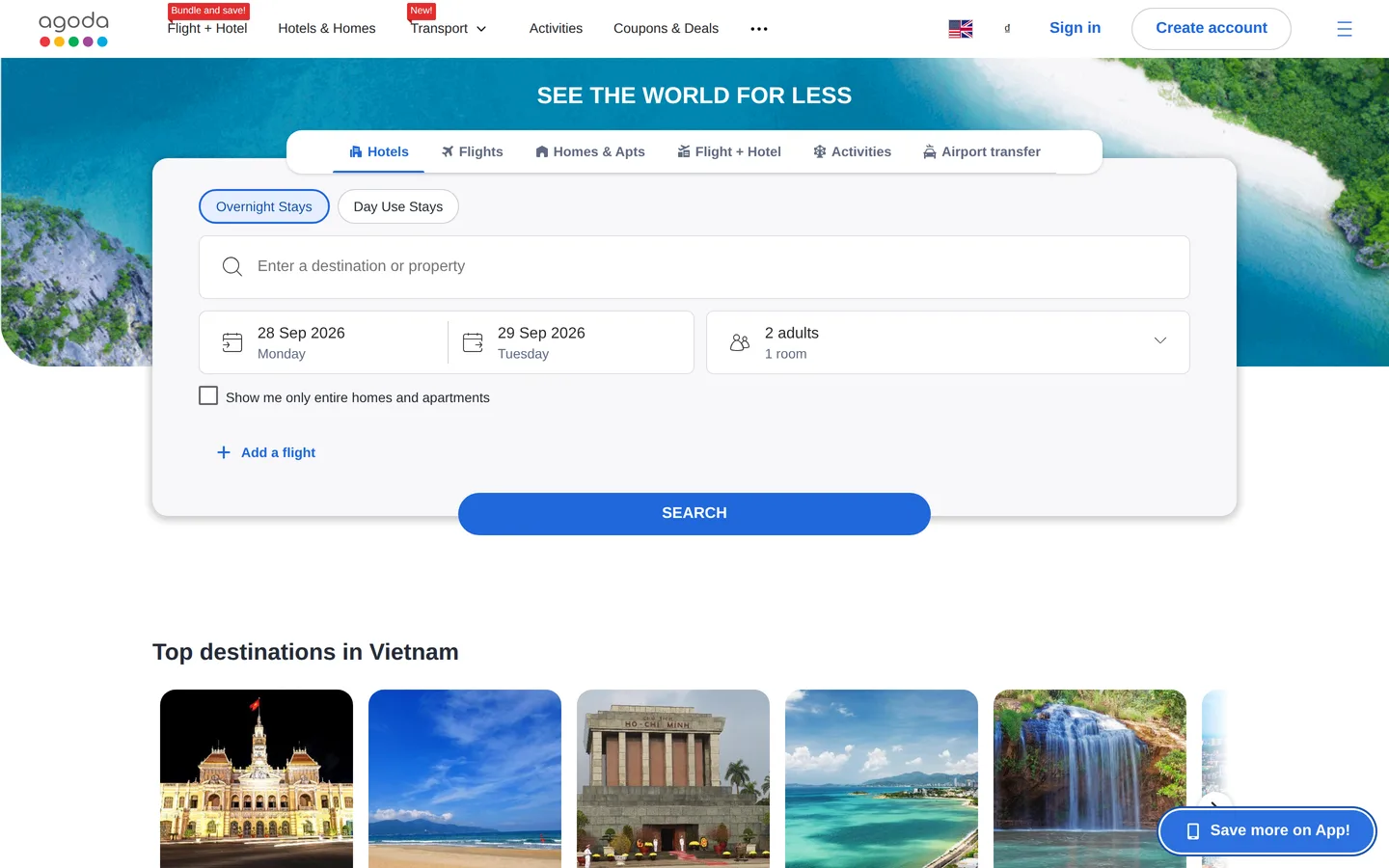 Agoda's landing page showing the hotel search panel over a coastal photograph