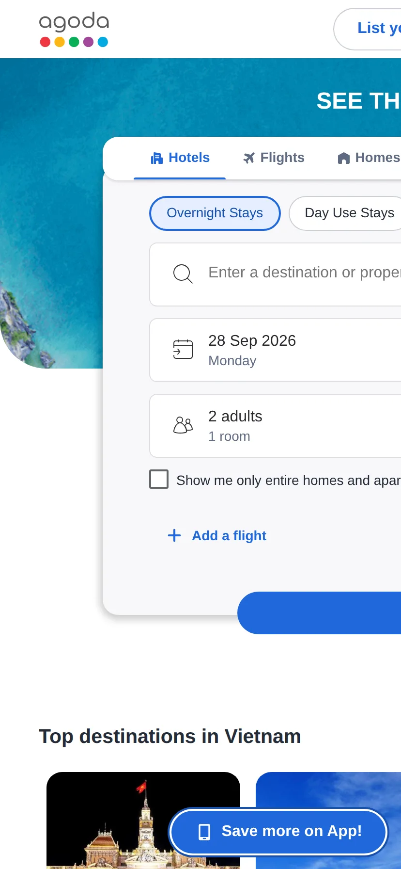 Agoda's landing page rendered on a 414px-wide mobile viewport