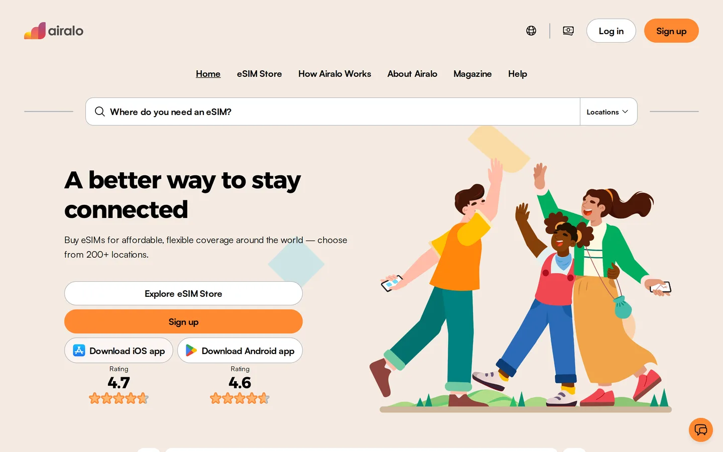 The Airalo landing page showing travel eSIM plans by destination