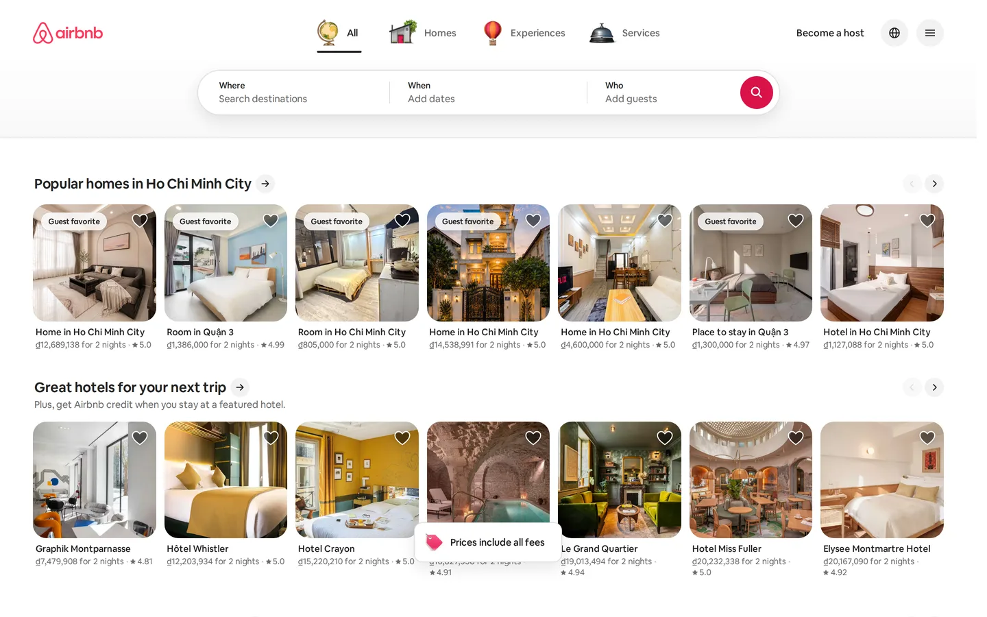 Airbnb's landing page with the destination search bar