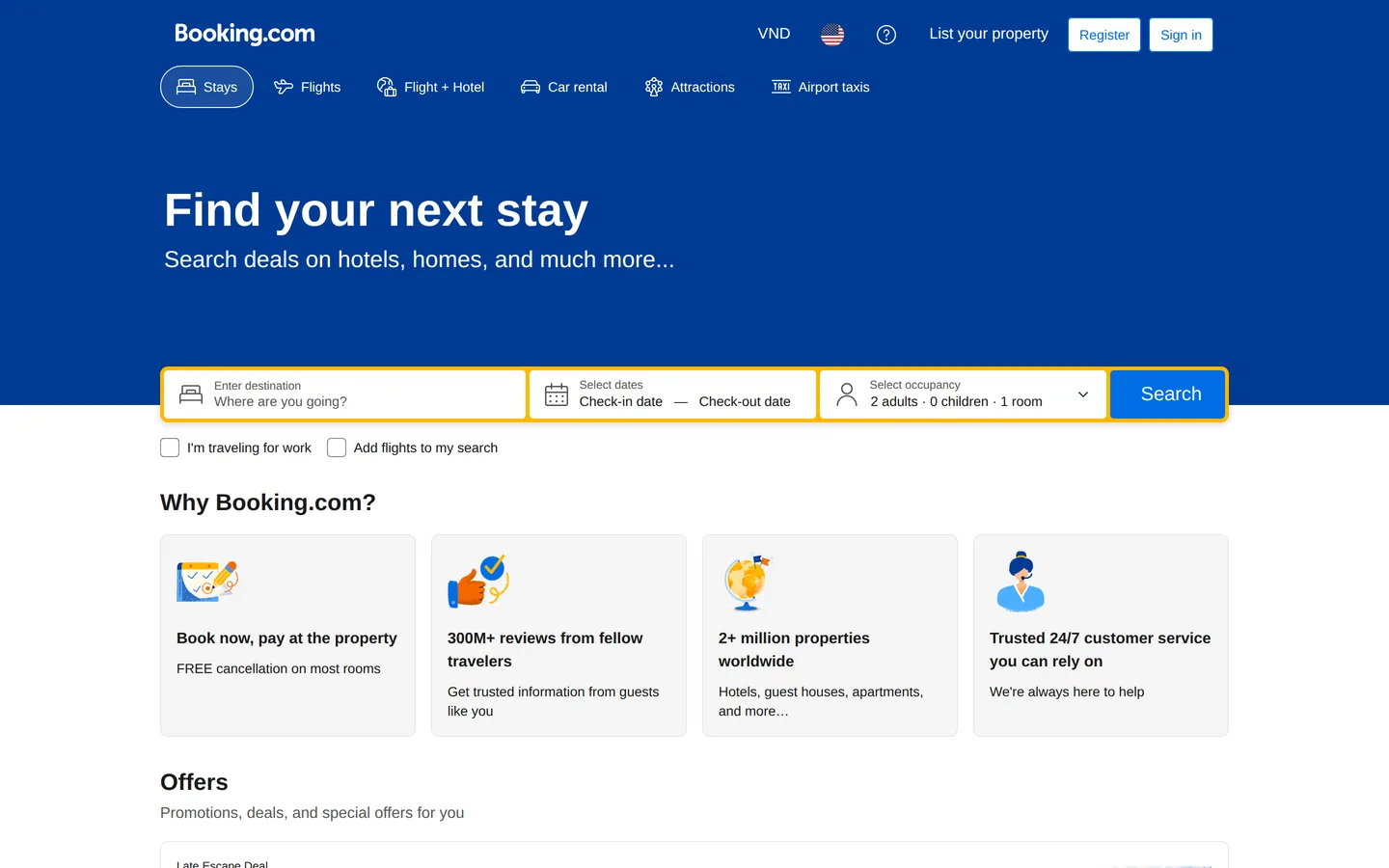 Booking.com's landing page with the stay search form and the Why Booking.com panel