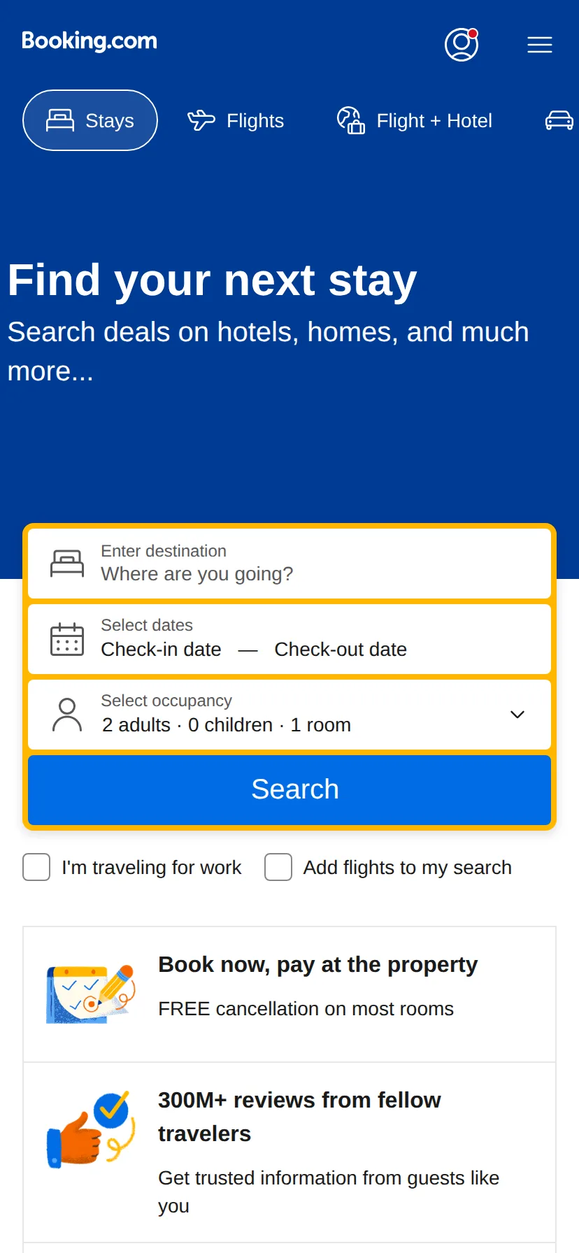 Booking.com's landing page rendered on a 414px-wide mobile viewport