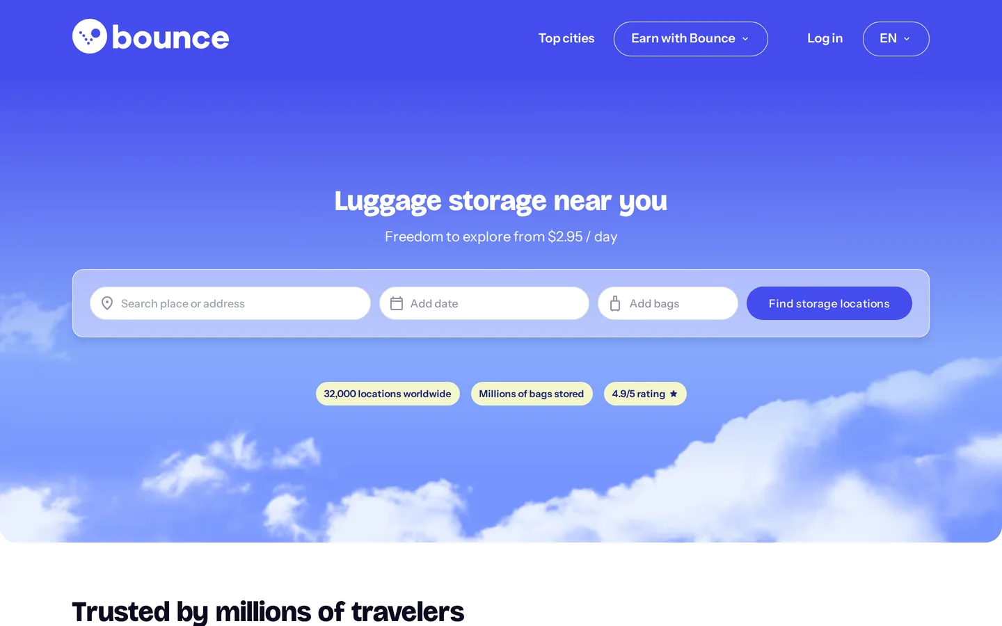 The Bounce landing page showing luggage storage locations on a map