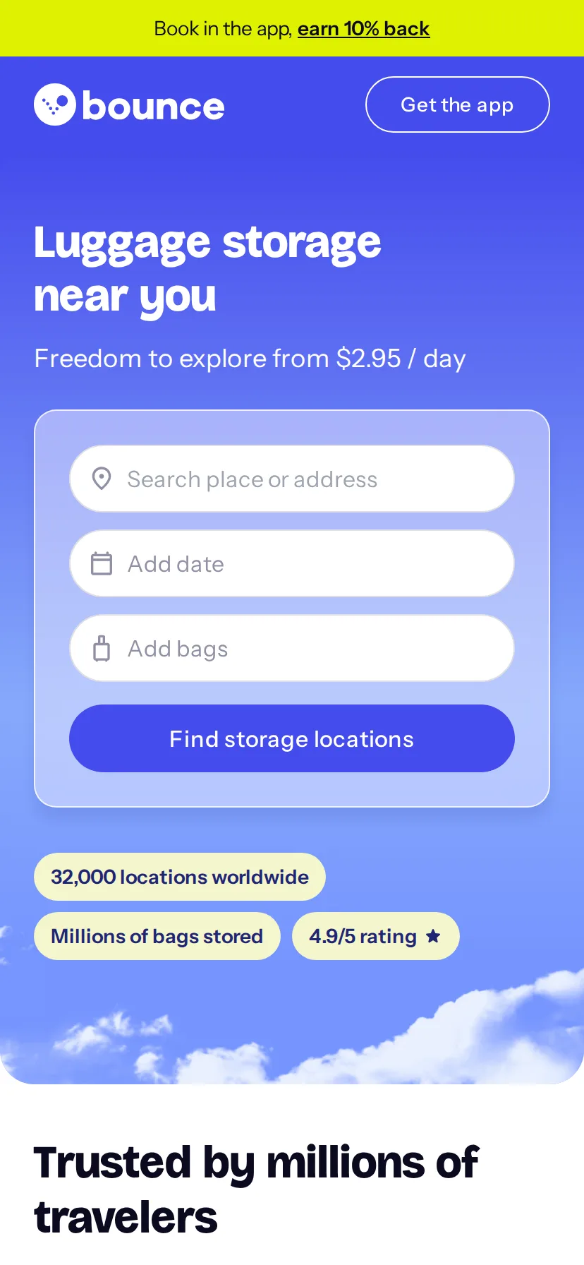 Bounce's landing page rendered on a 414px-wide mobile viewport