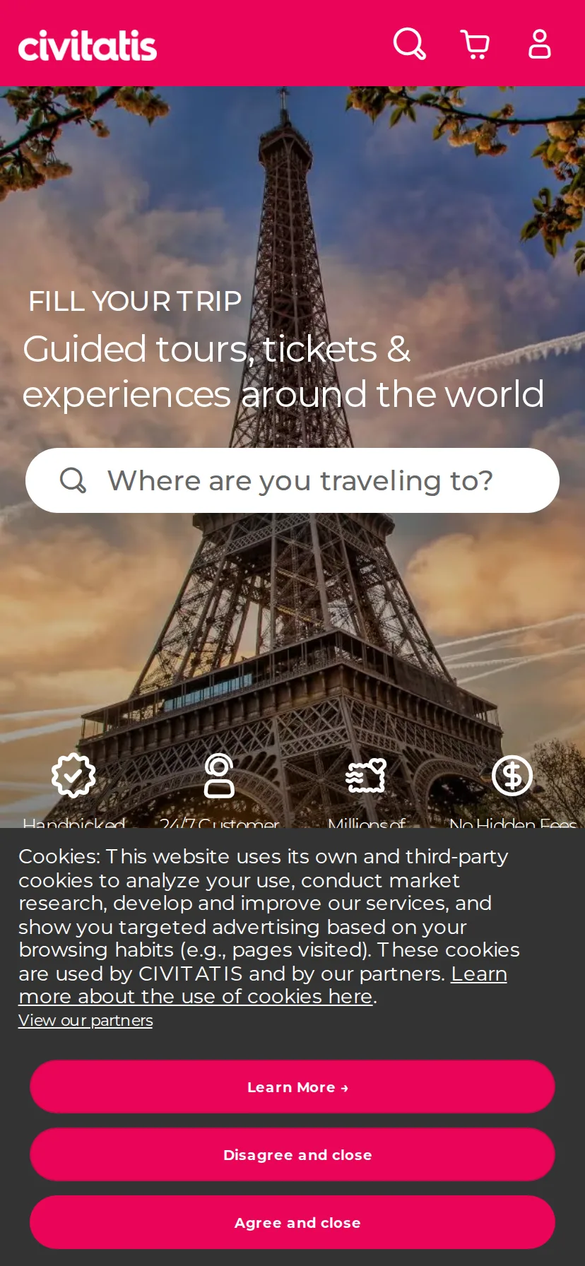 Civitatis's landing page rendered on a 414px-wide mobile viewport