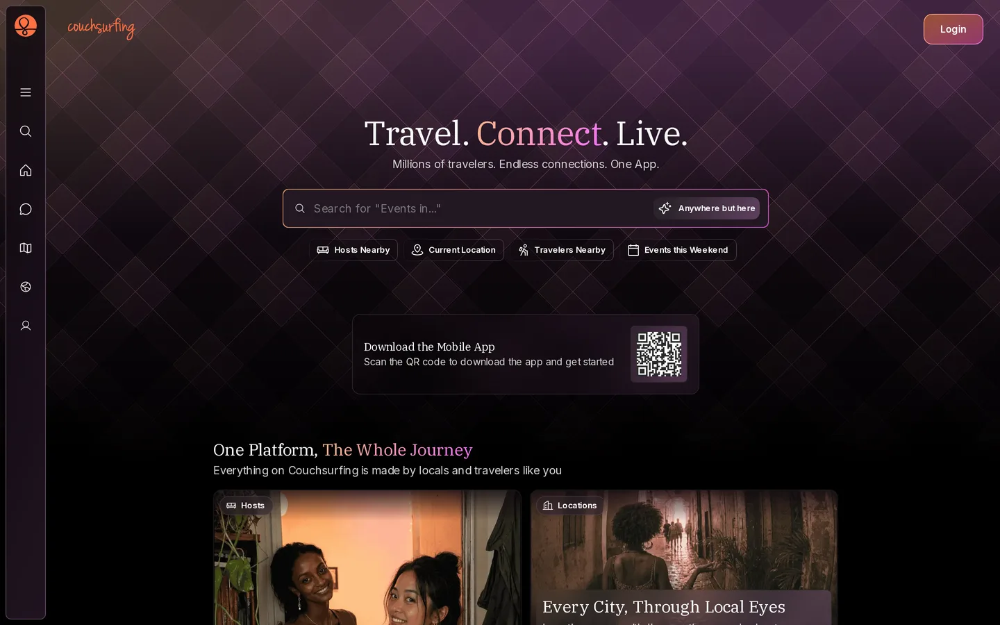 The Couchsurfing landing page with its membership and community messaging