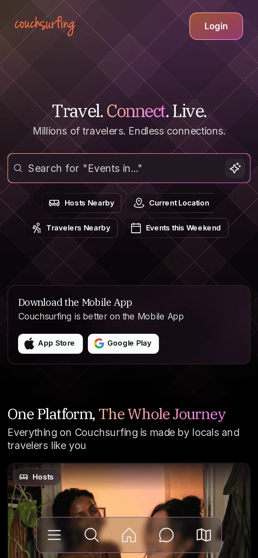 Couchsurfing's landing page rendered on a 414px-wide mobile viewport