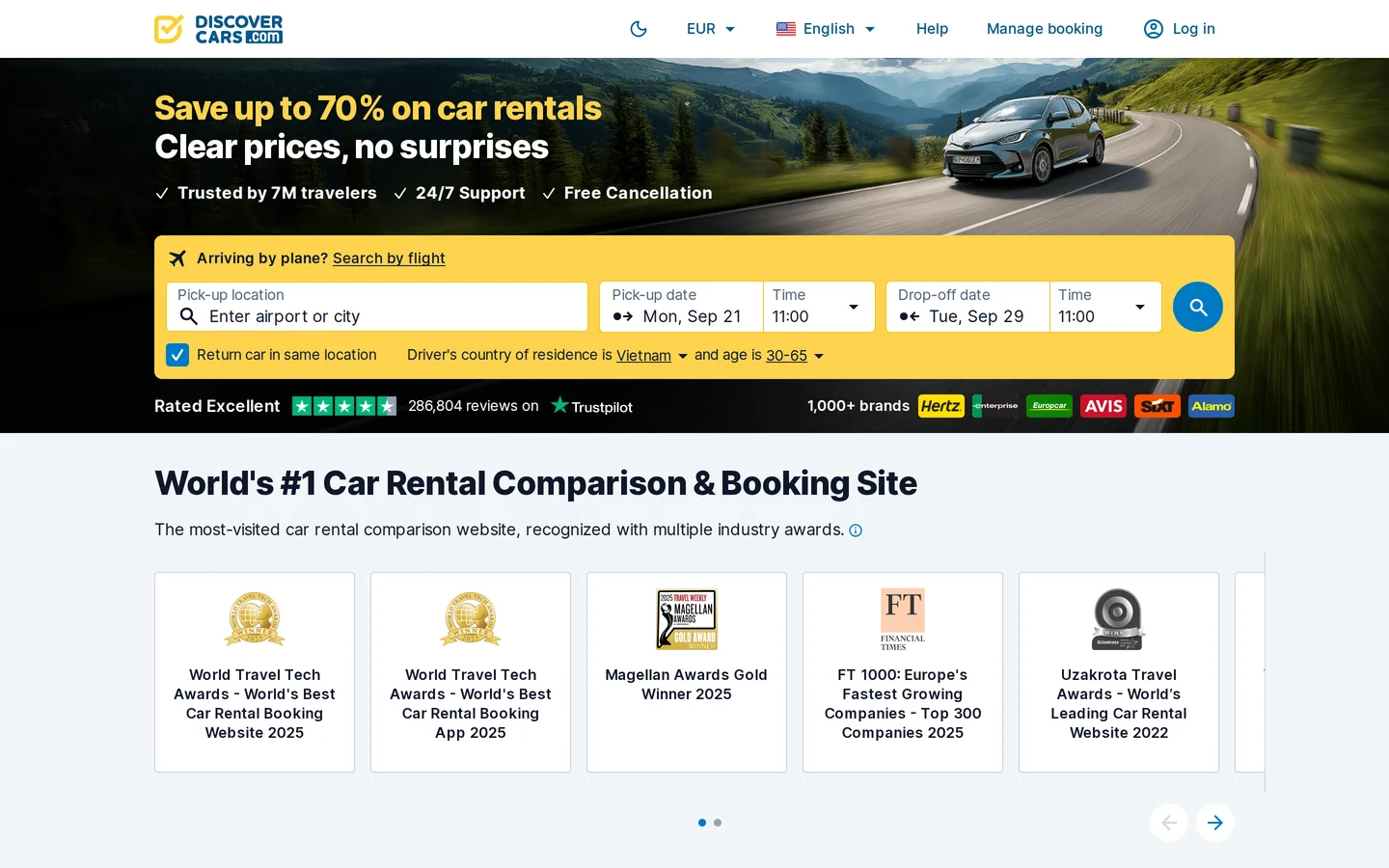 The Discover Cars landing page with the car rental search form