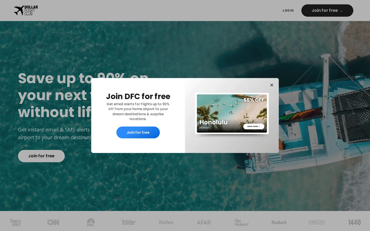 The Dollar Flight Club landing page showing its flight deal membership offer