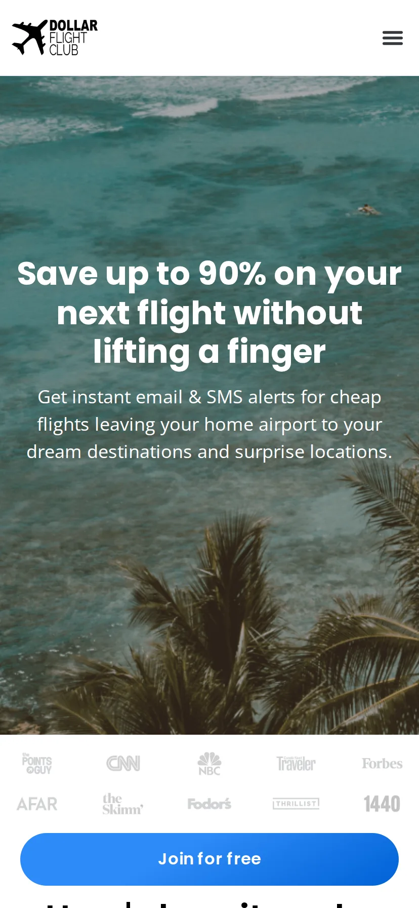 Dollar Flight Club's landing page rendered on a 414px-wide mobile viewport