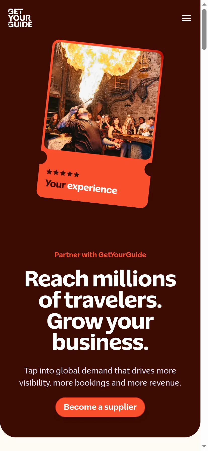 GetYourGuide's supplier portal at supplier.getyourguide.com rendered on a 414px-wide mobile viewport