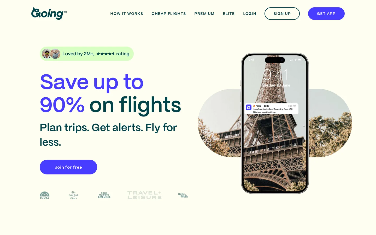 The Going landing page describing its flight deal membership