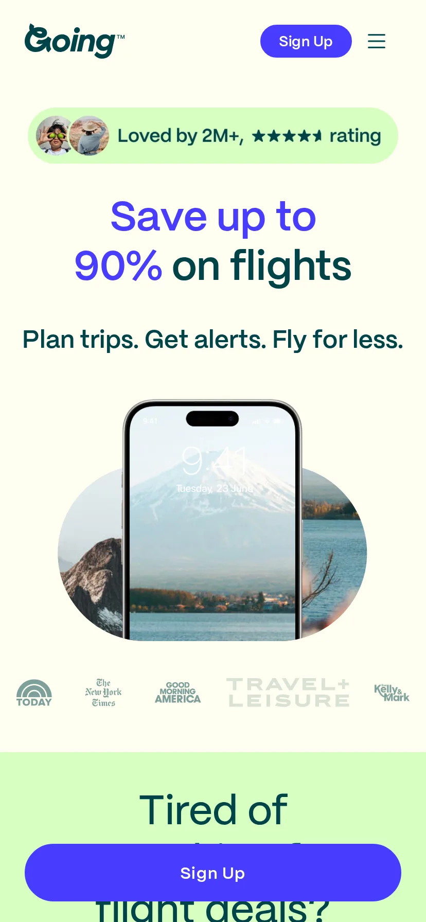 Going's landing page rendered on a 414px-wide mobile viewport