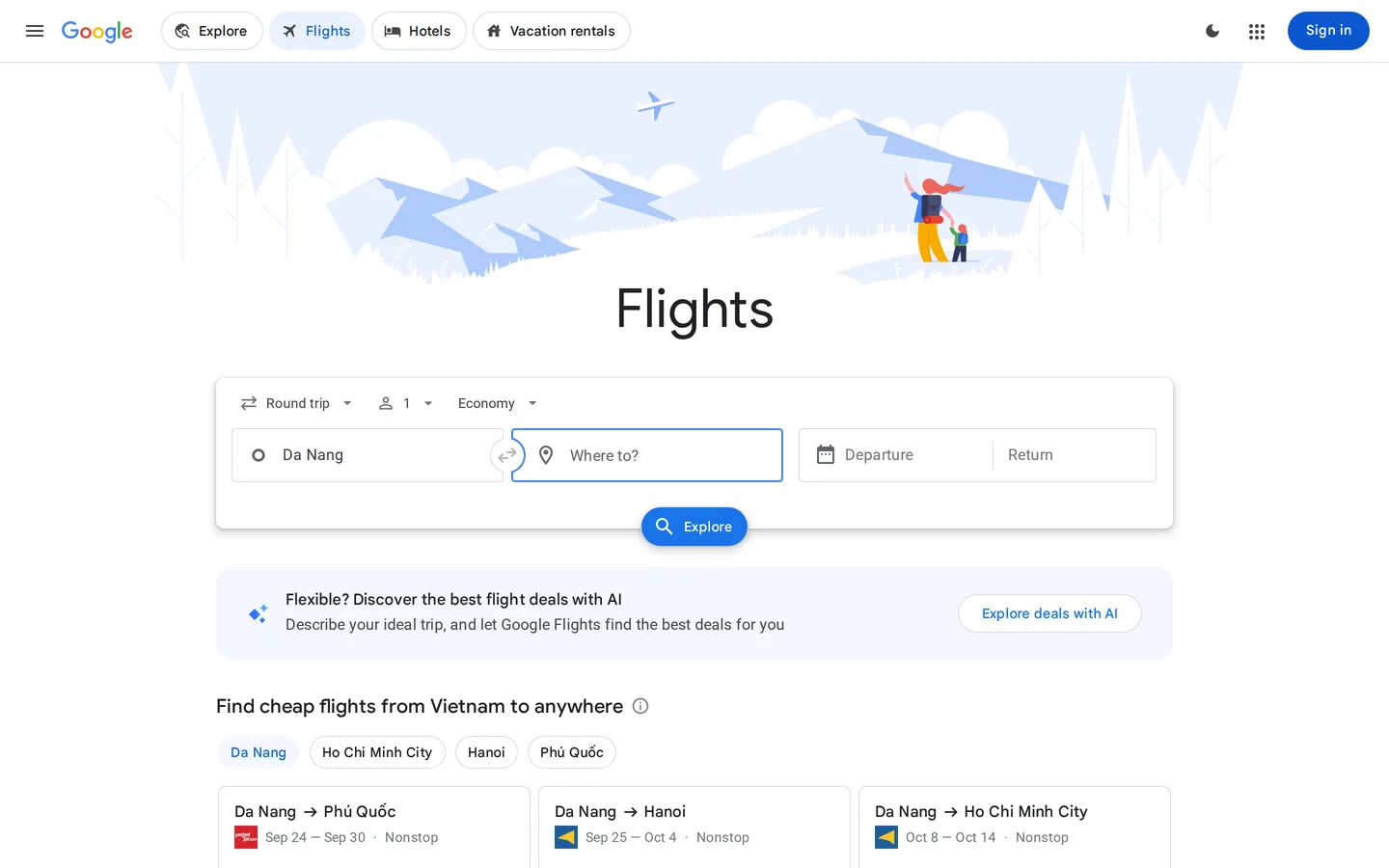 Google Flights showing the route search form, date selector and results list