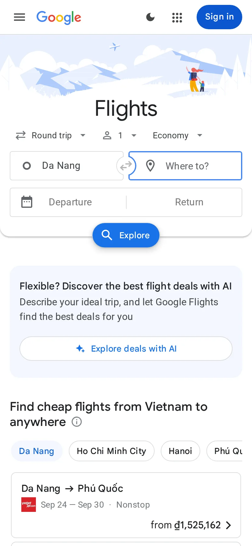 Google Flights' search interface rendered on a 414px-wide mobile viewport
