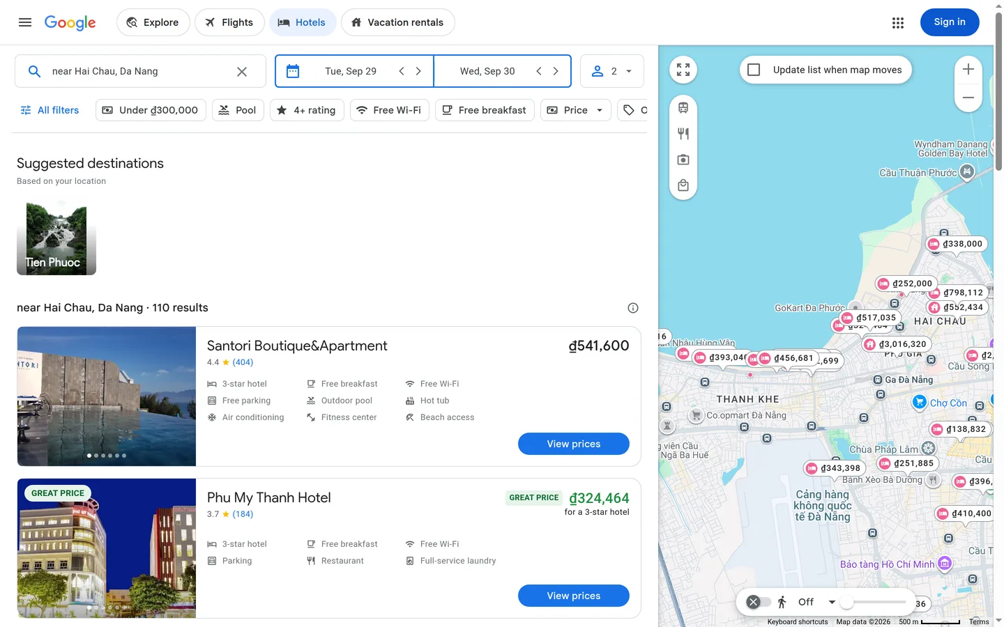 Google Hotels showing filters, sort controls and a list of properties with nightly prices
